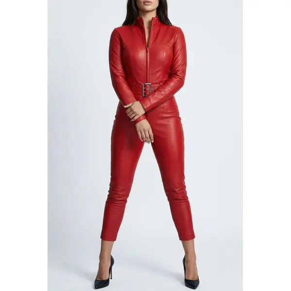Red Black Bespoke Ffull grainull Grain Leather Fetish Catsuit For Men Women 1236