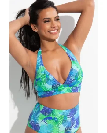 Aruba Non-Wired Longline Removable Cup Halter Bikini Top - Aqua Palm