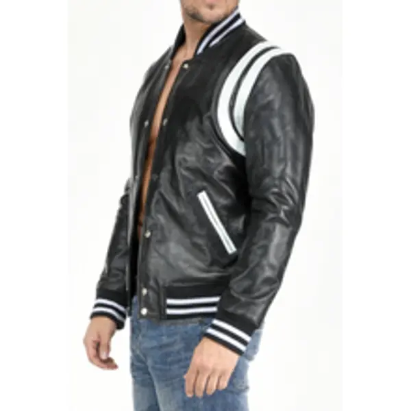 Men's Leather Jacket With Stripes