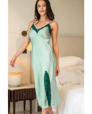 Dusk Satin and Lace Midi Chemise - Light Teal/Forest