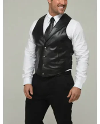 Men's Black Leather Waistcoat with Matching Leather Tie -Tailored Fit