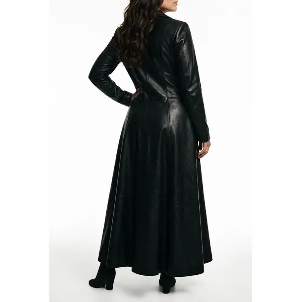 Ladies Black Leather Full Length Dress Coat Burlesque Alternative Clothing CELINA