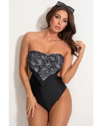 Scarf Strapless Tummy Control Swimsuit - Black Paisley