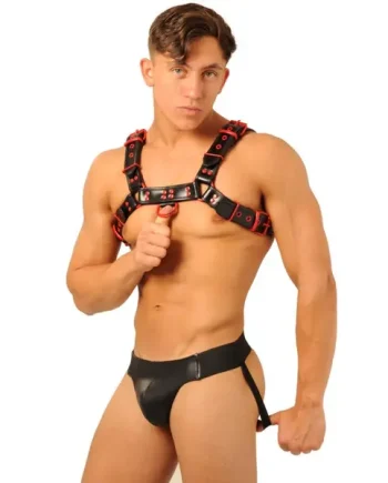 Fist Leather Harness + Jock • Black - Red