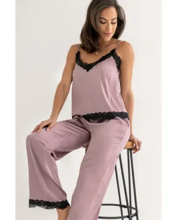 Dusk Satin Cami and Trouser Pyjama Set - Mauve/Black