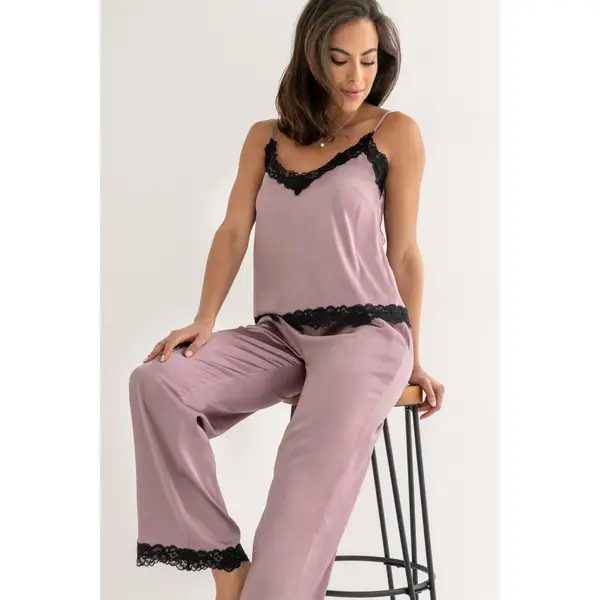 Dusk Satin Cami and Trouser Pyjama Set - Mauve/Black