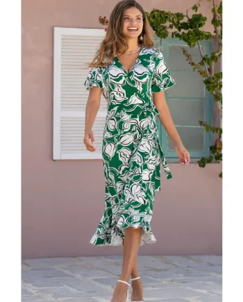 Megan Stretch Jersey Wrap Midi Dress - Green/White