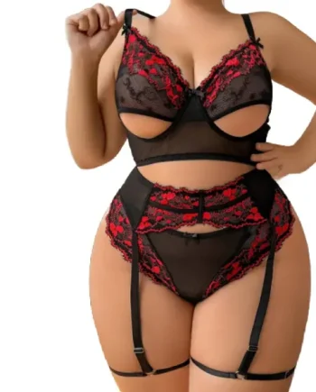 Plus Size Lace Lingerie Set – 3 Piece Underwire Mesh & Lace Ensemble