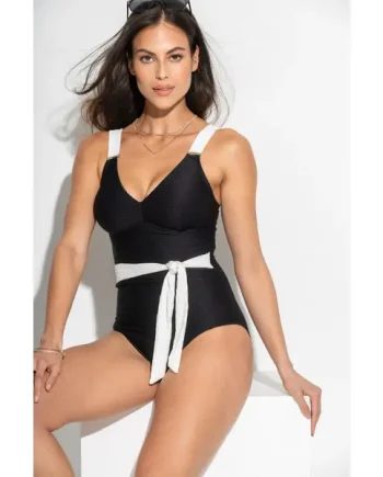 Acapulco Textured Belted Tummy Control Swimsuit - Black/White