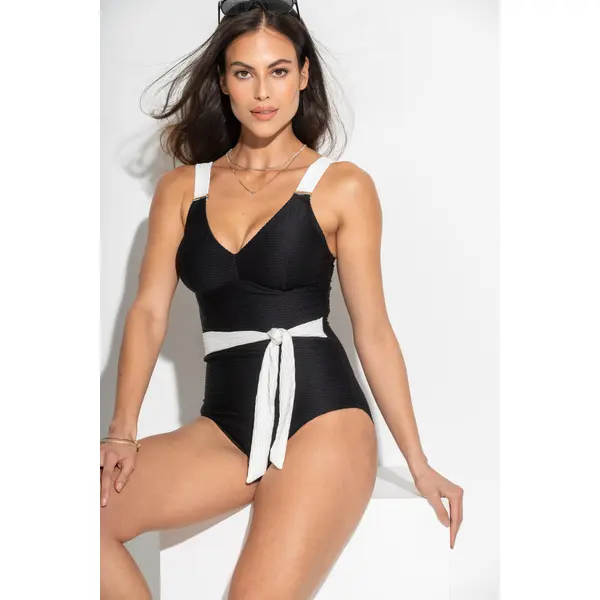 Acapulco Textured Belted Tummy Control Swimsuit - Black/White