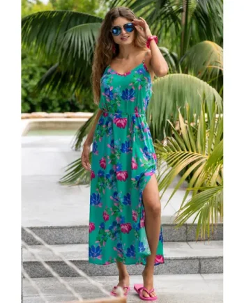 Melanie Sheer Viscose Tie Belt Maxi Beach Dress - Green Floral