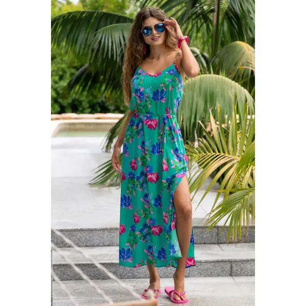 Melanie Sheer Viscose Tie Belt Maxi Beach Dress - Green Floral