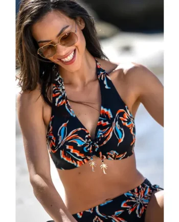 Madrid Underwired Halter Triangle Bikini Top - Black/Orange/Blue
