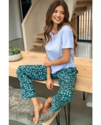 Pure Cotton T-shirt & Trouser Pyjama Set - Forest/Blue