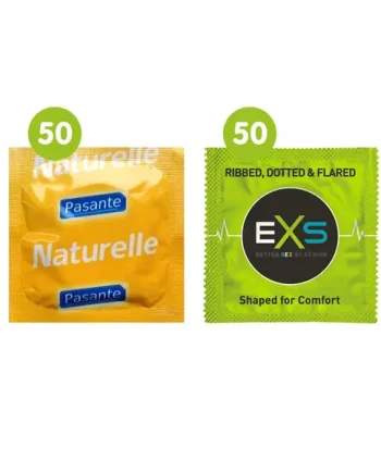 100 Mixed Condoms (50 x Pasante Naturelle & 50 x EXS Ribbed, Dotted)