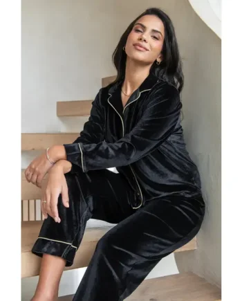 Velour Contrast Trim Pyjama Set - Black/Champagne