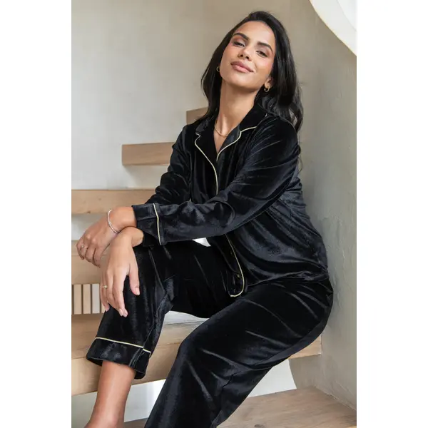 Velour Contrast Trim Pyjama Set - Black/Champagne