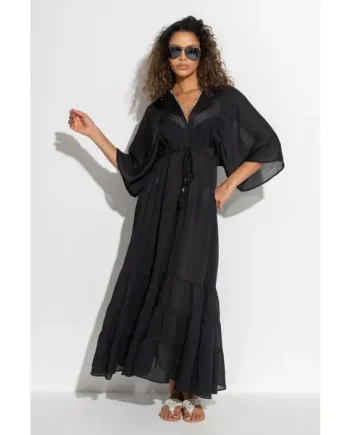 Tassel Trim Tiered Maxi Kaftan - Black