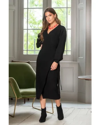 Elle Knit Midi Wrap Dress - Black
