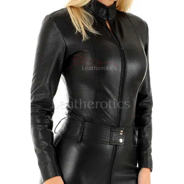 Perforated Black Leather One Piece CatSuit