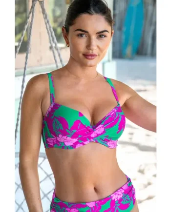 Free Spirit Lightly Padded U/W Twist Front Bikini Top - Green Pink Flower