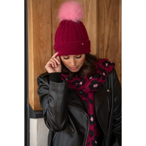 Cable Knit Contrast Pom Beanie Hat - Berry/Pink
