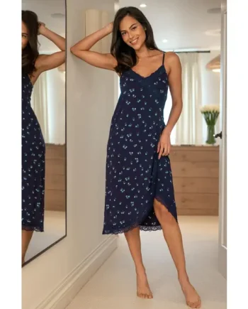 Sofa Loves Lace Soft Jersey Hidden Support Wrap Midi Chemise - Navy/Blue Floral