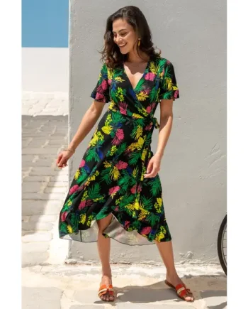 Megan Stretch Jersey Wrap Midi Dress - Black Tropical