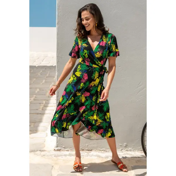 Megan Stretch Jersey Wrap Midi Dress - Black Tropical