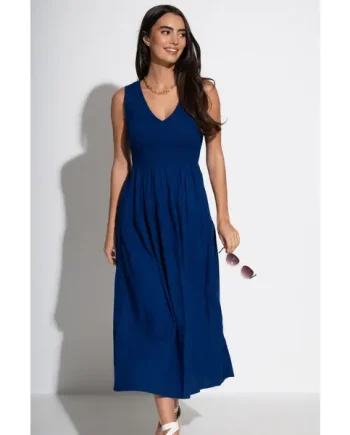 Darcie V Neck Shirred Bodice Midi Dress - Navy