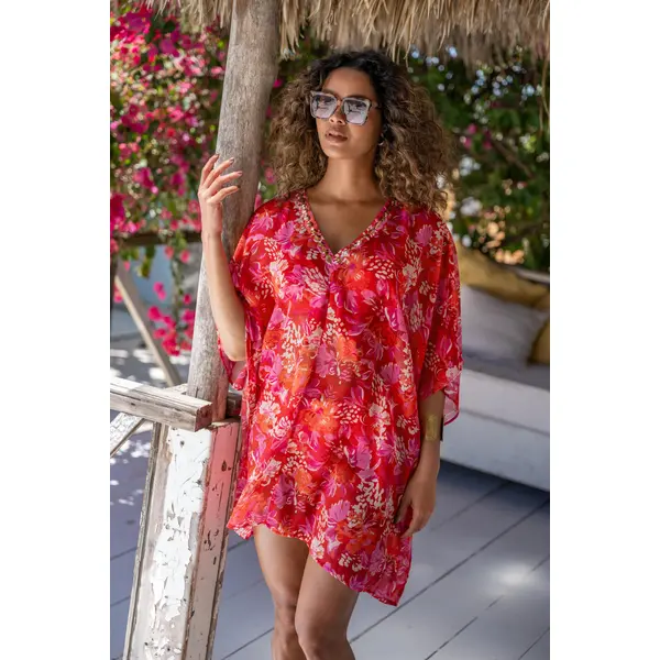 Chiffon V-Neck Embellished Kaftan - Red Floral