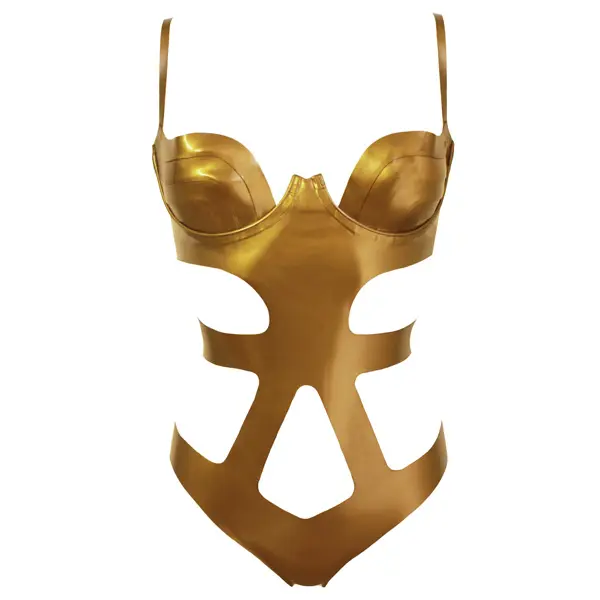 Latex Star Cutout Bodysuit w/ paris layered cups in antique gold