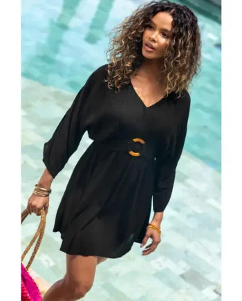 Crinkle O-Ring Woven Beach Kaftan - Black