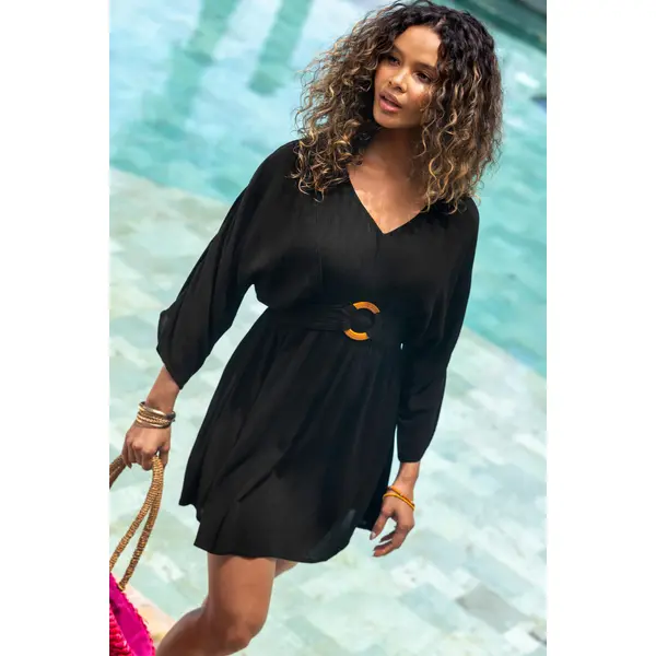 Crinkle O-Ring Woven Beach Kaftan - Black