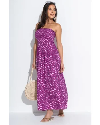 Strapless Shirred Bodice Maxi Beach Dress - Violet/White
