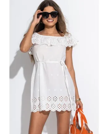 Cotton Broderie Bardot Mini Beach Dress - White