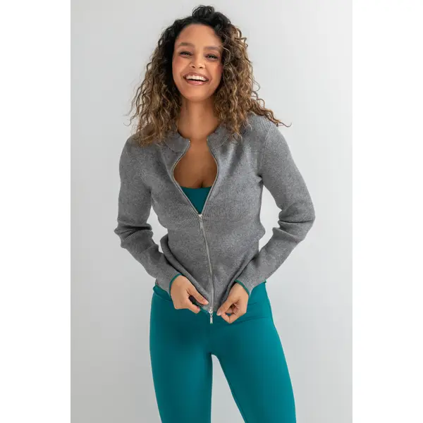 The Go To Comfy Zip Front Jumper - Grey/Teal