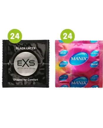 48 Mixed Condoms - 24 x Mates Manix Natural + 24 x EXS Black Latex