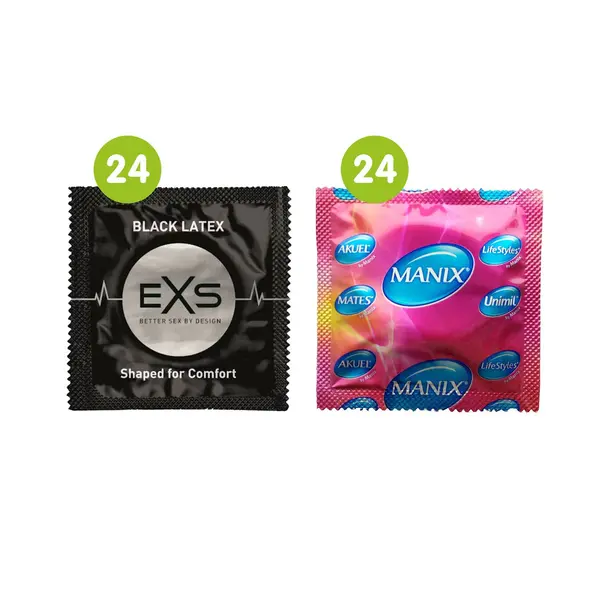 48 Mixed Condoms - 24 x Mates Manix Natural + 24 x EXS Black Latex