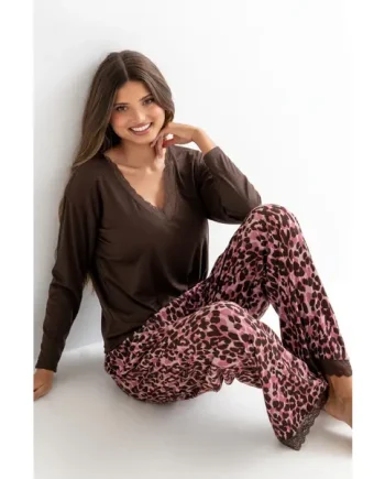 Brushed Rib Lace Trim V-Neck Lounge Pyjama Set - Pink/Chocolate