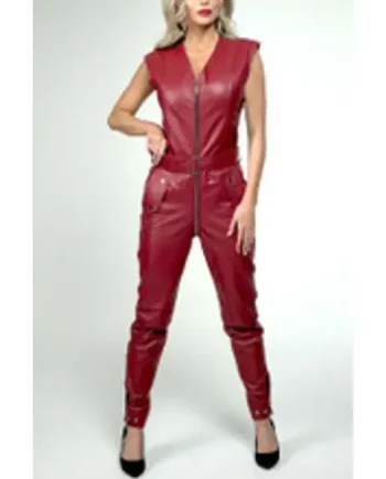 Red Leather Sleeveless Catsuit All in One Jumpsuit