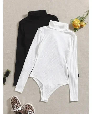 Turtle Neck Ribbed Knit Bodysuit – Two Piece Set
