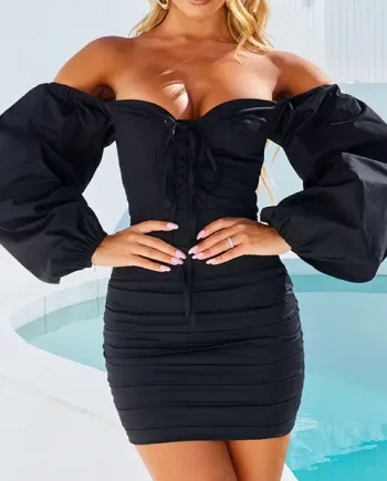 Black lace-up corset dress with long sleeves