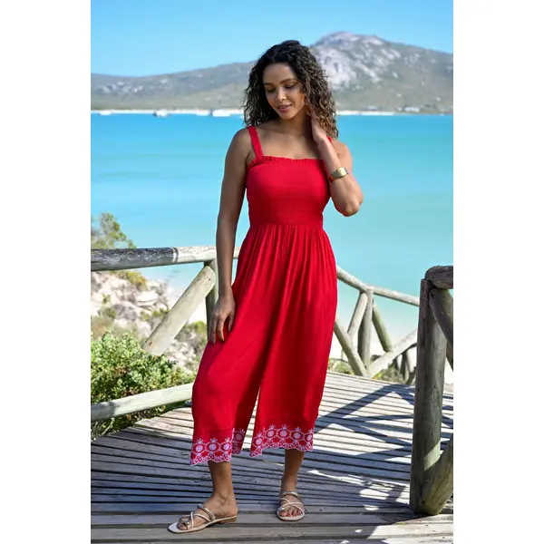 Lauren Shirred Bodice Broderie Hem Jumpsuit - Red