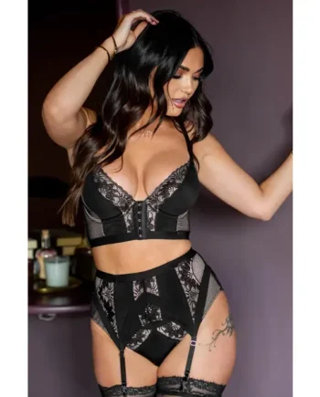 India Gatsby Lace Deep Suspender Belt - Black/Cosmetic