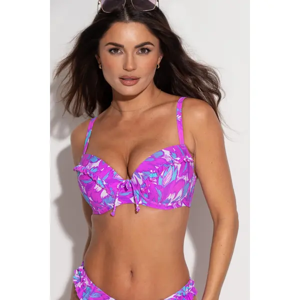 Ocean Breeze Padded Underwired Frill Bikini Top - Ultraviolet/White