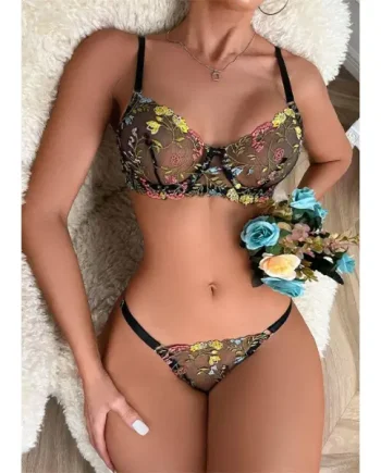 Sweetkama Floral Embroidery Sheer Lingerie Set Black