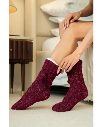 Cosy Cable Knit Lined Slipper Sock - Berry/Gold