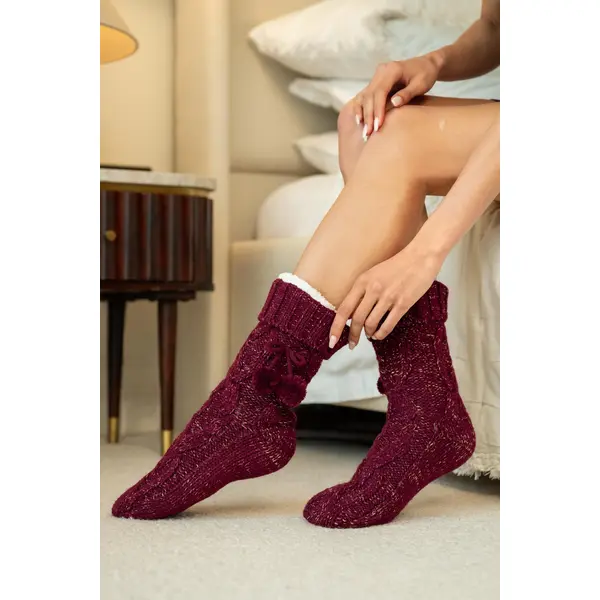 Cosy Cable Knit Lined Slipper Sock - Berry/Gold