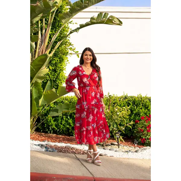 Lily Fuller Bust Chiffon Frill Midaxi Dress - Red Floral